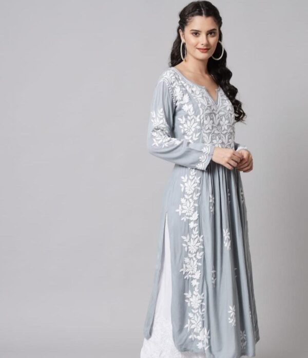 Aashvi Pure Comfort: Lucknowi Chikankari Pure Modaal A-Line Nyra Style Kurti - Image 2